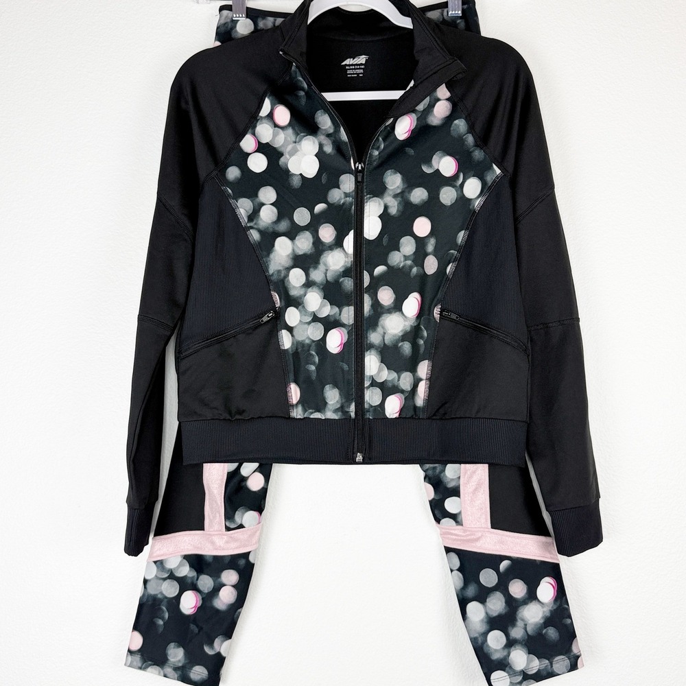 Avia Girls Black Pink Bokeh Polka Dot Track Jacket and Leggings Set XL 14-16